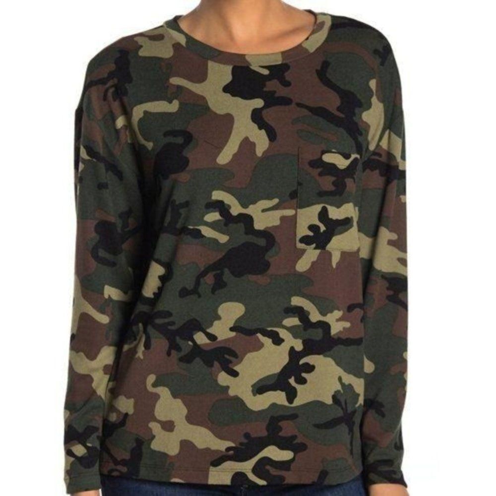 Sanctuary Camouflage Sweater Women’s Size XS Green Lightweight Knit Crew Neck